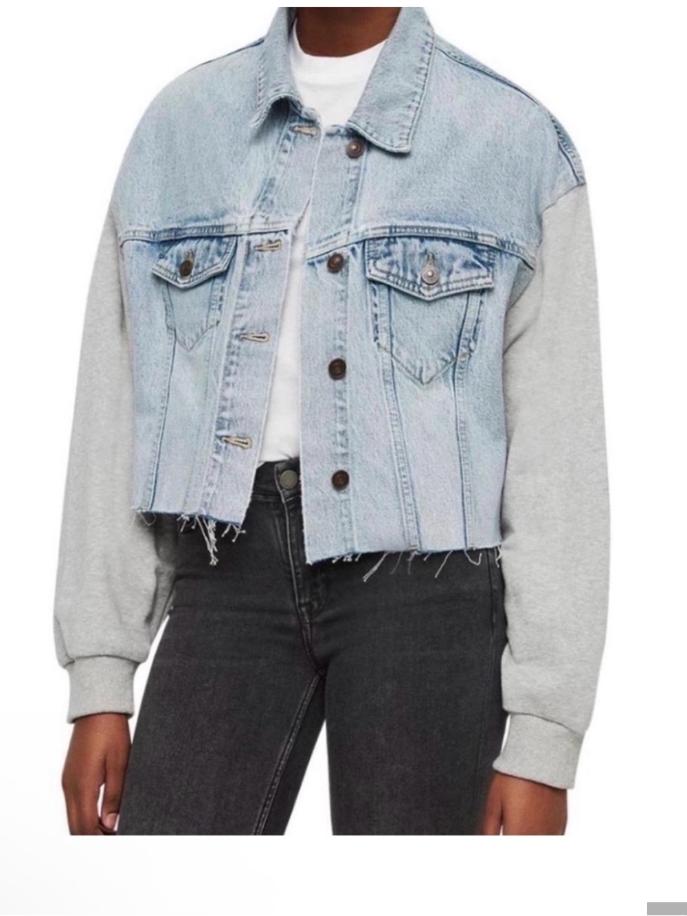 NWT ALL SAINTS Anders Cropped  Denim Jacket with Gray Sweatshirt Sleeves